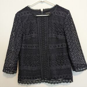 Ann Taylor navy blue lace crochet long sleeve blouse top size medium